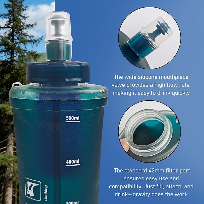 700ML Collapsible Water Bottle with Filter for Hiking, Camping & Travel - TPU Soft Flask, 0.1 Micrometer Hollow Fiber Membrane for Clearer, Better Tasting Outdoor Water(Hunter Green)