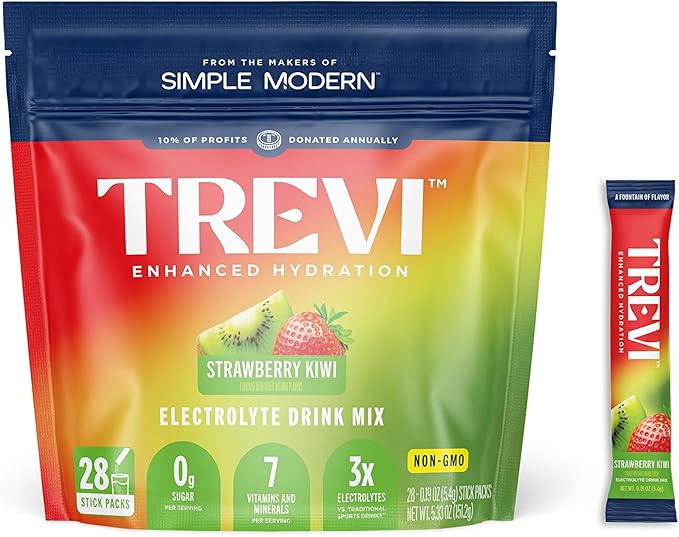 TREVI™ Everyday Sugar Free Electrolytes - Essential Drink Mix Hydration Powder Packets - 28 Count - Strawberry Kiwi