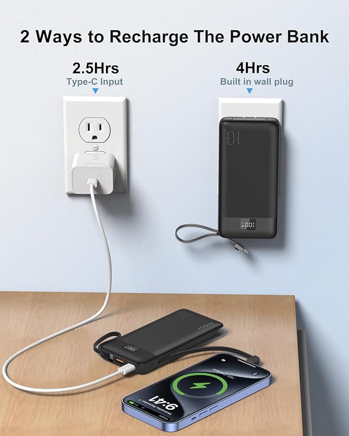 2-Pack Portable Charger Built-in Cables and AC Wall Plug, 10000mAh 22.5W PD Fast Charging Power Bank, Lightweight Compact Battery Pack Travel Essentials for iPhone 17/16/15/14/13 Series,Samsung,Tablet