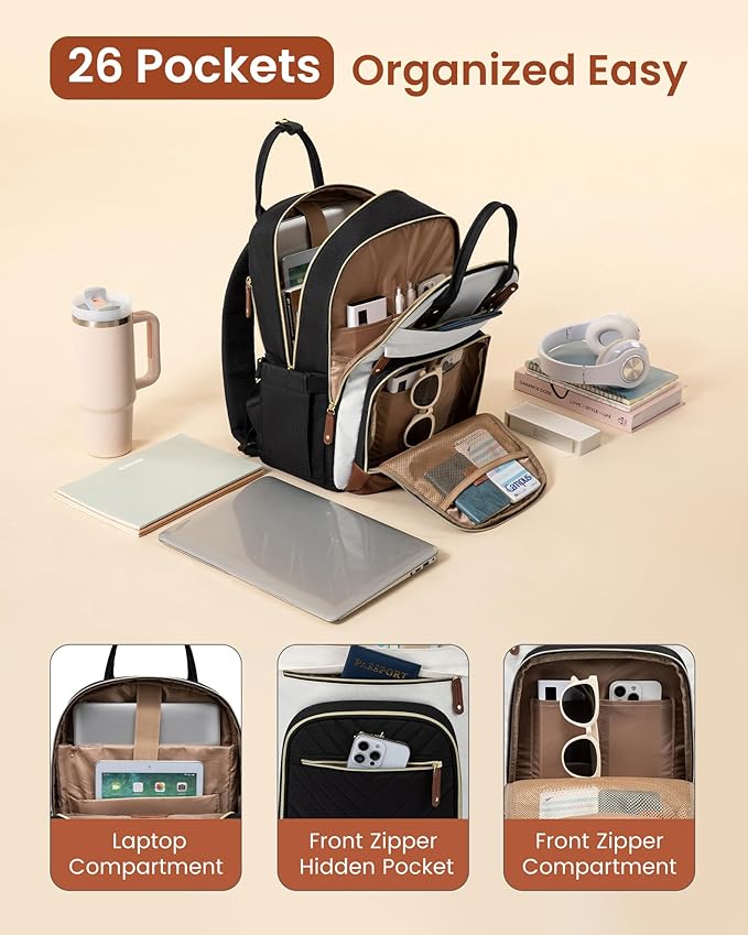 LOVEVOOK Laptop Backpack for Women with Giant Tumbler Holder Pocket,17.3 inch School College Book Bag Nurse Teacher Backpack,Waterproof Work Travel Backpack Purse Laptop Computer Bag,Beige-Black-Brown
