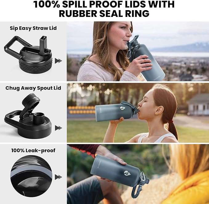 RAYMYLO Insulated Water Bottle 87 oz, Triple Wall Vacuum Stainless Steel (Cold for 48 Hrs), Leak Proof & Non-BPA, Modern Water Flask Jug with Paracord Handle & Straw Spout Lids, Dark Grey