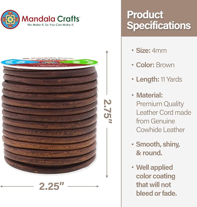 Mandala Crafts Round Genuine Distressed Brown Leather Cord for Jewelry Making – 4mm Cowhide Leather Rope String Lace for Kumihimo – 11 Yards Cowhide Craft Cording Spool