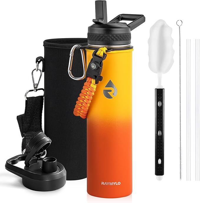 RAYMYLO Insulated Water Bottle 24oz, Triple Wall Vacuum Stainless Steel (Cold for 24Hrs, Hot for 12Hrs), Leak Proof & Non-BPA, 24oz Hydro Water Flask with Paracord Handle & Straw Spout Lids