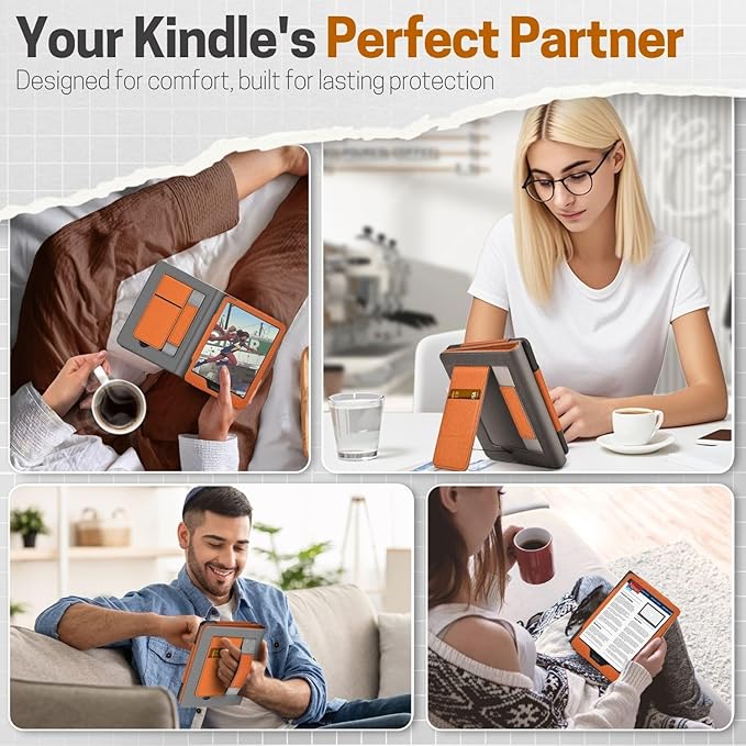 TNP Stand Case with Strap for Kindle Paperwhite 12th Gen 2024 / Kindle Colorsoft Signature Edition - 7" PU Leather Protective Folio Cover with Auto Wake/Sleep & Card Slot, Orange