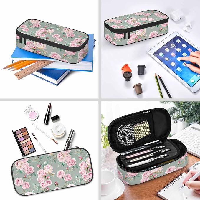 Pink Blooming Flower Pencil Holder Bag Roses Peonies Bouquets Leaves Garden Pencil Case College Office School for Teens Boy Girl