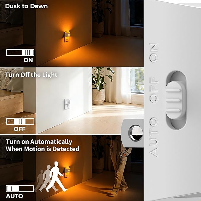 DORESshop LED Night Light[2 Pack], Night Lights Plug into Wall, Dimmable Plug in Night Light with Motion Sensor, Dusk to Dawn Sensor, Nightlights for Adults, Bedroom, Bathroom, Amber, White Cover