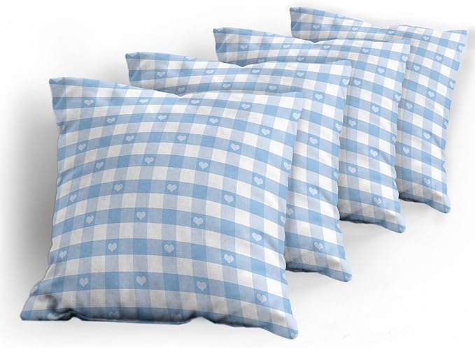 Ambesonne Checkered Decorative Throw Pillow Case Pack of 4, Gingham Motif with Little Hearts Pastel Blue Shower Theme, Cushion Cover for Couch Living Room Car, 16", Pale Blue White