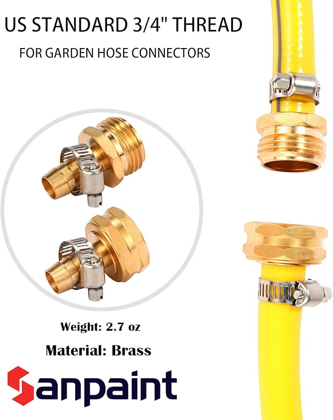 Brass Garden Hose Connector Repair Mender Kit with Stainless Clamp,Fits 1/2" Water Hose Fitting,4 Sets(1/2" Barb x 3/4" GHT)