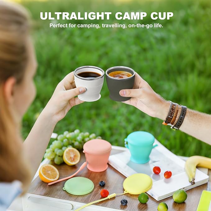 Collapsible Travel Cup, BPA-Free Reusable Water Cup, Lightweight Drinking Cups with Lids and Carrying Strap, Dishwasher Safe Silicone Cups for Camping, Travel, Airports, Hotel (6.7oz, Gray)