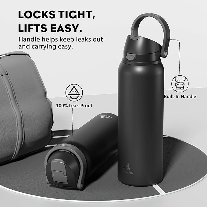 POWCAN 40 oz Insulated Water Bottle for Men: Push-Button Spout & Quick-Flip Straw, Leakproof, Cold for 24 Hrs, Stainless Steel Large Water Bottle for Sports, Camping, Trips, Outdoors (Midnight Black)