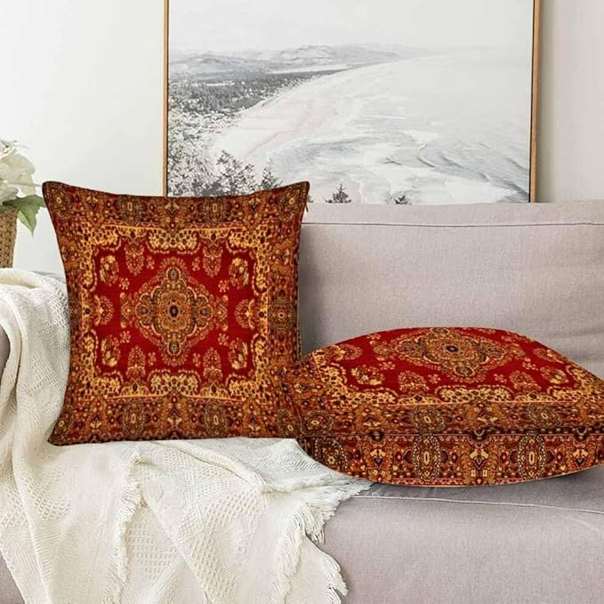 Red Oriental Persias Couch Pillow Covers 18 X 18 Boho Set of 2 Pillowcases Square Velvet Outdoor Cushion Pillow Cases Decorative for Home Bed Sofa Couch Hotel