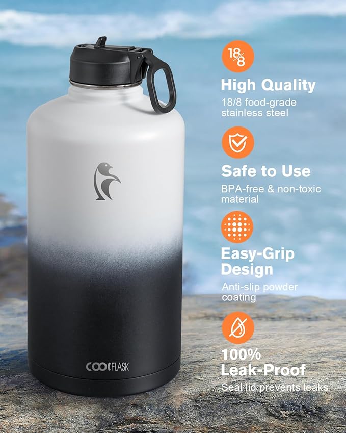 Coolflask 128 oz Gallon Water Bottle Insulated with Straw&3 Lids, Water Jug Large Stainless Steel Metal Vacuum Wide Mouth for Sports, Gym or Office, Non-BPA Keep Cold 48H Hot 24H, White & Black