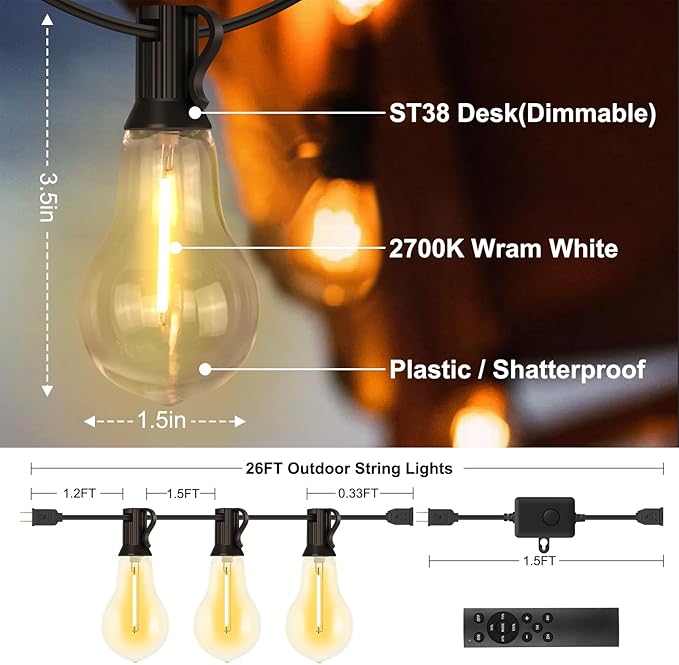 26FT Outdoor String Lights Waterproof with 17+2 Bulbs (1.5FT Bulbs Spacing), Remote & Dimmer, Commercial Patio String Lights with 3 Mode Light & Timing, 50PC Mounting Ties for Outside