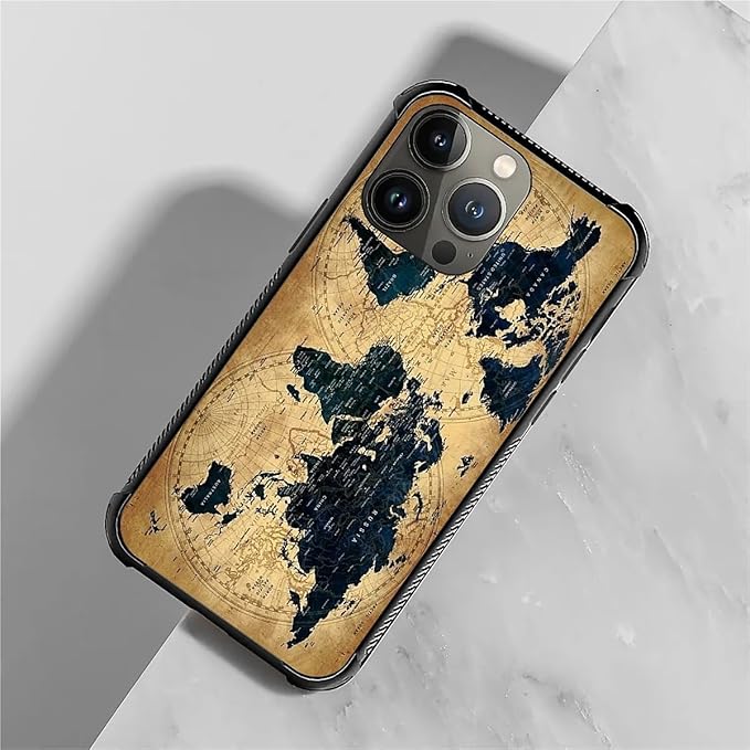 for iPhone 14 Pro Case, Brown World Map Pattern Graphic Design Girl Boy Soft Silicone Hard Acrylic Shock Protection for iPhone 14 Pro