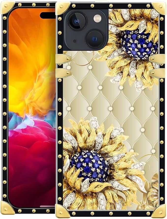 Compatible with iPhone 15 Case, Sunflower Diamonds Leather Luxury Golden Decoration for Girl Women Soft TPU Shockproof Protective Hard PC Back for iPhone 15