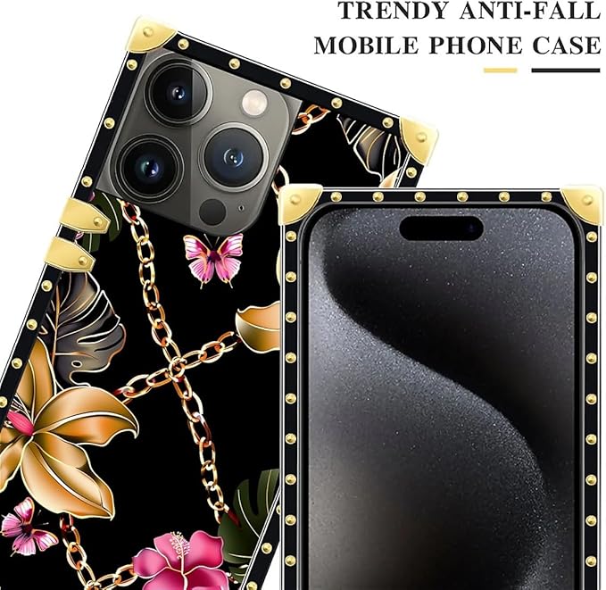 Compatible with iPhone 16 Pro Max Case, Pink Golden Chain Tropical Flower Luxury Golden Decoration for Girl Women Soft TPU Shockproof Protective Hard PC Back