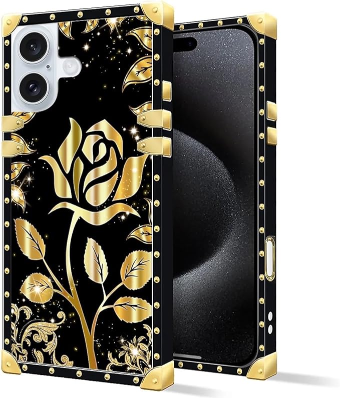 Compatible with iPhone 16 Plus Case, Shine Gold Rose Luxury Golden Decoration for Girl Women Soft TPU Shockproof Protective Hard PC Back for iPhone 16 Plus