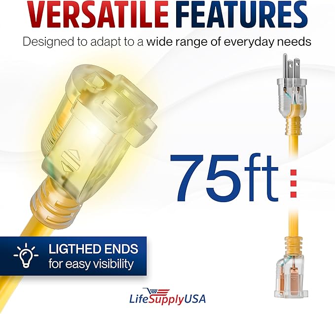 75ft Outdoor/Indoor Extension Cord 16/3 Gauge Heavy Duty 3 Prong SJTW, Waterproof, Flexible Cold-Resistant Long Power Cord,10A 125V 1625W, Yellow by LifeSupplyUSA