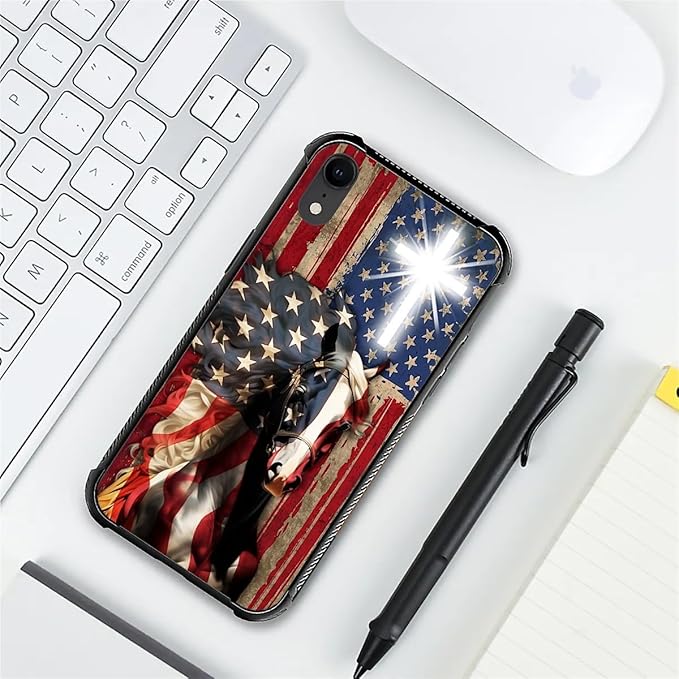 for iPhone XR Case, Red American Flag Horse Cross Pattern Graphic Design Girl Boy Soft Silicone Hard Acrylic Shock Protection for iPhone XR