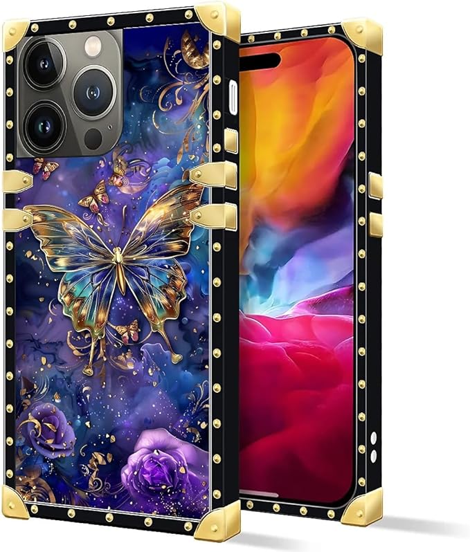 Compatible with iPhone 15 Pro Max Case, Glistening Golden Butterfly Vibrant Purple Blue Luxury Golden Decoration for Girl Women Soft TPU Shockproof Protective Hard PC Back