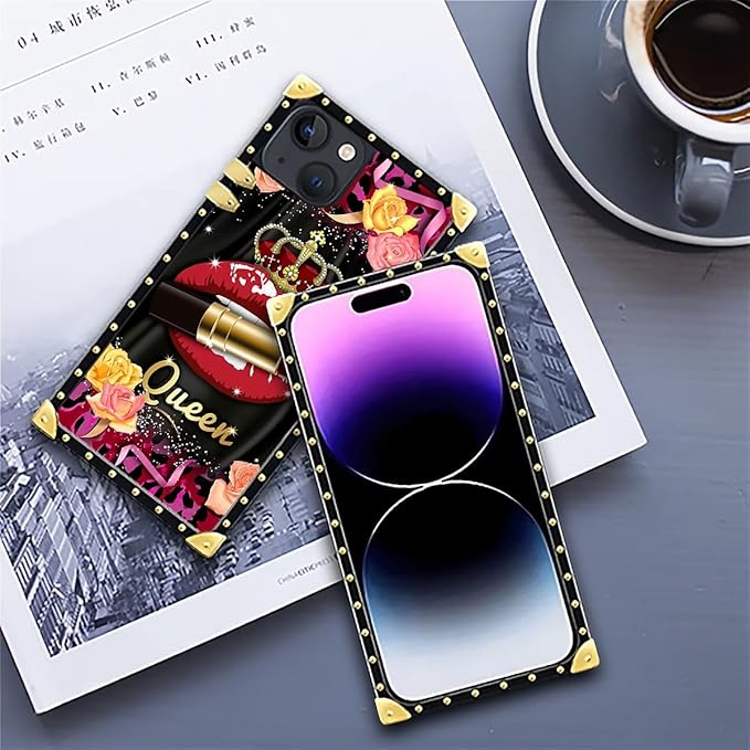 Compatible with iPhone 14 Case, Queen Lip Crown Leopard Print Luxury Golden Decoration for Girl Women Soft TPU Shockproof Protective Hard PC Back for iPhone 14