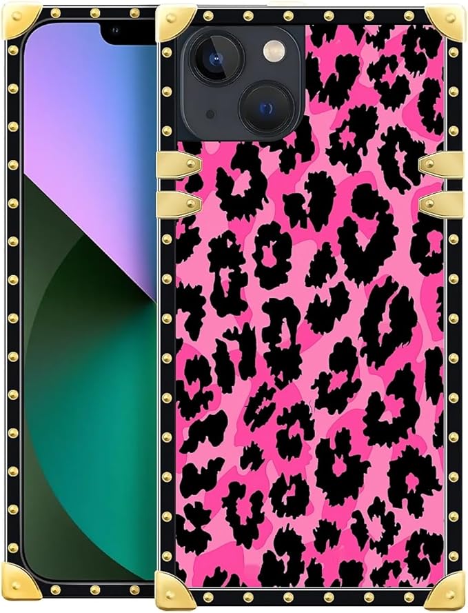 Compatible with iPhone 13 Case, Pink Black Leopard Luxury Golden Decoration for Girl Women Soft TPU Shockproof Protective Hard PC Back for iPhone 13
