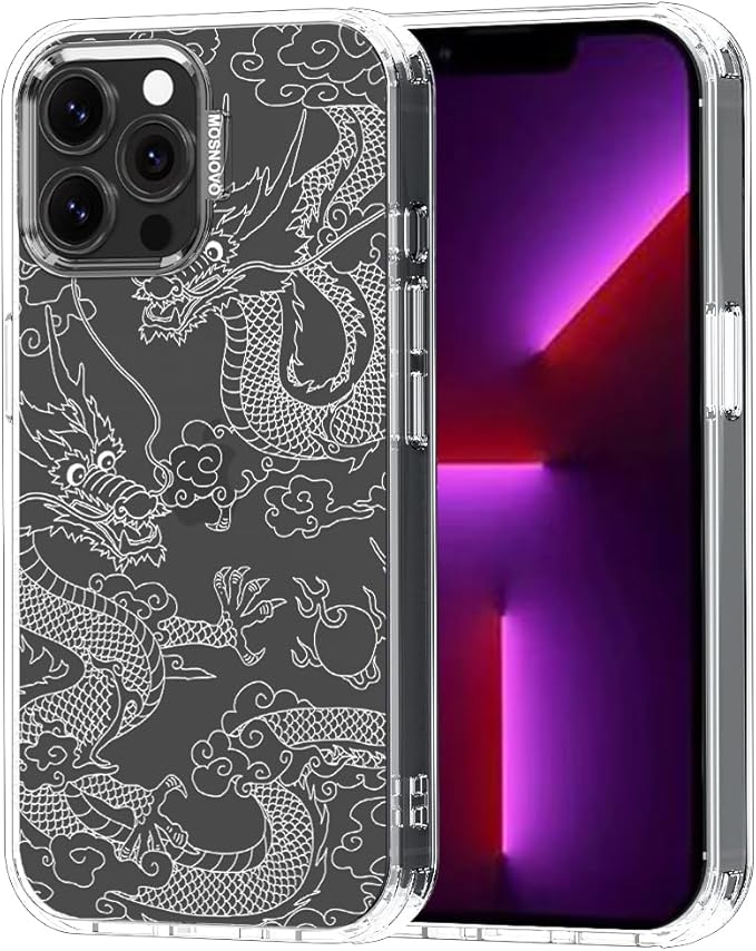 MOSNOVO Case for iPhone 13 Pro Max, [Buffertech 6.6ft Military-Grade Drop Protection] [Anti Peel Off Tech] Clear TPU Bumper Phone Case Cover Design - White Dragon