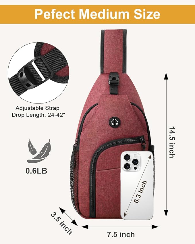 Pritent Crossbody Bags for Women Man Waterproof Sling Bag Backpack Trendy Casual Cross Body Bag with Convertible Shoulder Strap Chest Bag for Camping Hiking Travel Essentials (Wine, Medium)
