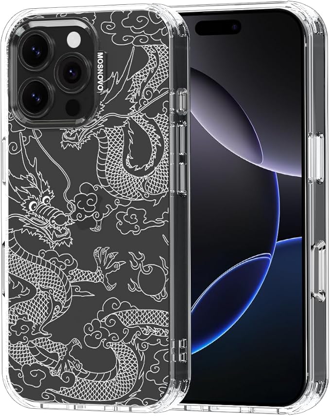 MOSNOVO Case for iPhone 16 Pro Max, [Buffertech 6.6ft Military-Grade Drop Protection] [Anti Peel Off Tech] Clear TPU Bumper Phone Case Cover Design - White Dragon