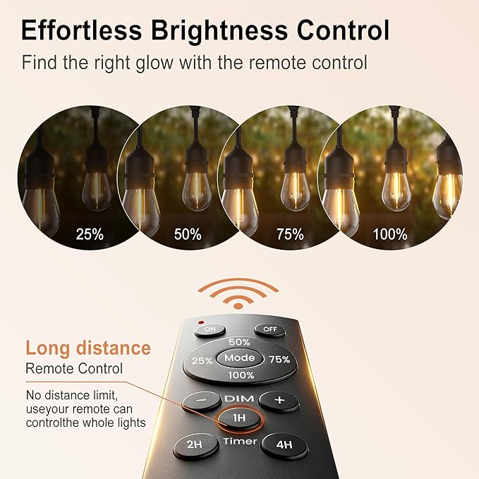 SUFEIMAS LED-Outdoor-String-Lights-Patio-Light-Outside 50FT Waterproof String Light with Remote Dimmer Outdoor Lighting with 34 Plastic Bulbs Hanging Lights for Porch Garden Backyard,1.5 FT Spacing