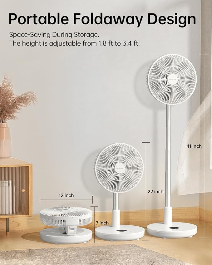 TriPole Oscillating Fan Portable Quiet Standing Fan with Remote, 12" Rechargeable Pedestal Fans for Bedroom Office, Foldable Battery Powered Travel Fans, Adjustable Height, 8H Timer, 6 Speeds, 44.4Wh