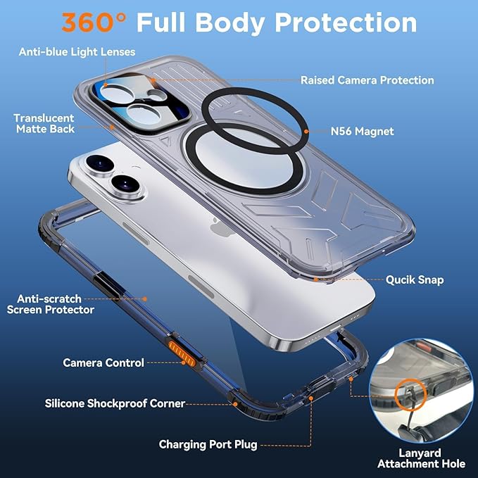 WIFORT for iPhone 17 Waterproof Case, [Fit for Magsafe] with Sapphire Lens & Screen Protector, IP68 Full Body 15FT Military Shockproof, Magnetic Frosted Phone Cover with Lanyard, 6.3" Black
