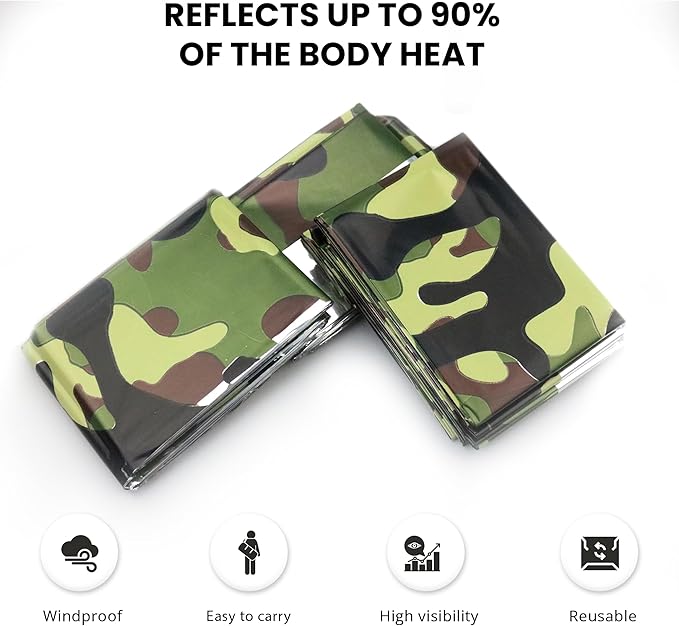 Primacare CB-6842-10 Emergency Mylar Thermal Blankets 10 Pack – 84"x52" Waterproof Space Blankets for Survival, First Aid, Camping, Hiking, Outdoor & Emergency Use – Lightweight Camouflage Design