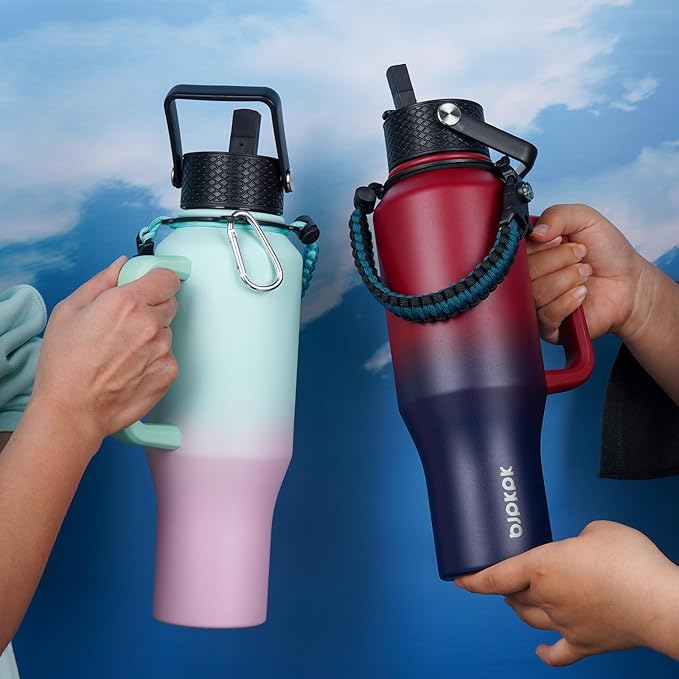 BJPKPK Insulated Water Bottles with Straw Lid, 35oz Metal Water Bottle with 2 lids & Paracord Strap, Double Wall Stainless Steel Vacuum Tumblers, Cups, Mugs, Thermo for Hot& Cold Drinks, Marshmallow