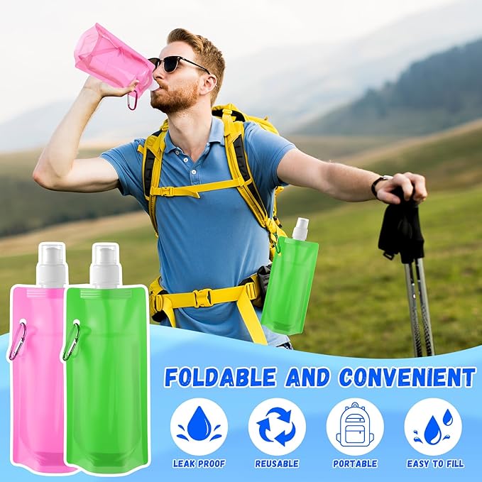 Teenyyou 24 Pack Collapsible Water Bottles Bulk 16oz Foldable Water Bottles with Carabiner Reusable Drinking Leak Proof Container Bags for Sport Biking Hiking Camping Travel Outdoor (12 Colors)