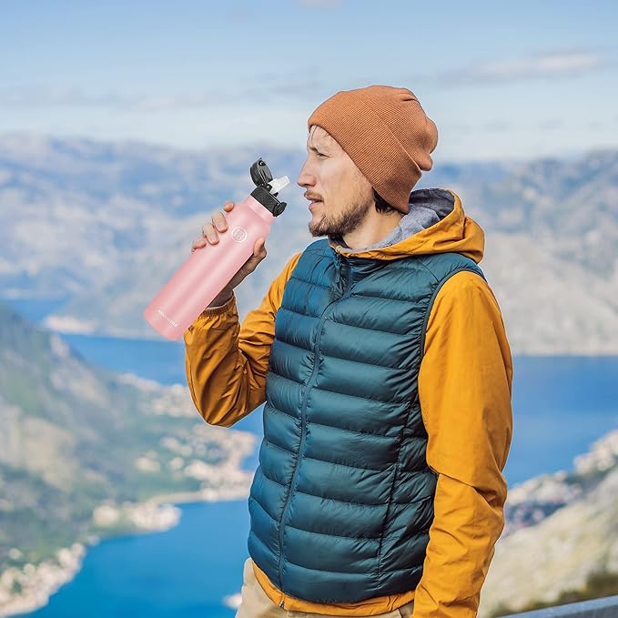 Han's Bottle Sports Water Bottle - 32 Oz, Straw Lid, Leak Proof, Vacuum Insulated Stainless Steel, Double Walled, Thermo Mug,Blush