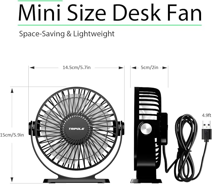 TriPole Desk Fan USB Powered 2 Pack Black Small Portable Fan, 3 Speeds Strong Airflow Mini Fan 360°Rotation Personal Fan 5.1 Inch Table Fan for Home Office Bedroom Desktop Travel, 4.9ft Cable