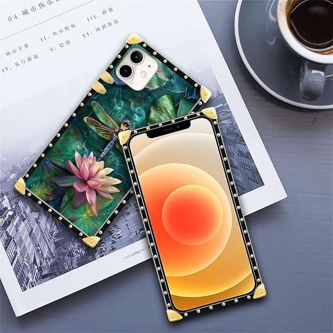 Compatible with iPhone 11 Case, Colourful Dragonfly Pink Lily Pads Luxury Golden Decoration for Girl Women Soft TPU Shockproof Protective Hard PC Back for iPhone 11