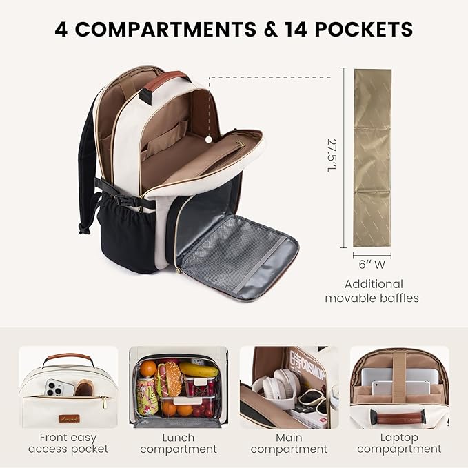 LOVEVOOK Lunch Backpack with Lunch Compartment,17 Inch Laptop Work Travel Insulated Cooler Backpack Purse,Waterproof College Teacher Lunch Bag Box with Tumbler Holder,Gifts for Men Women,Beige-Khaki