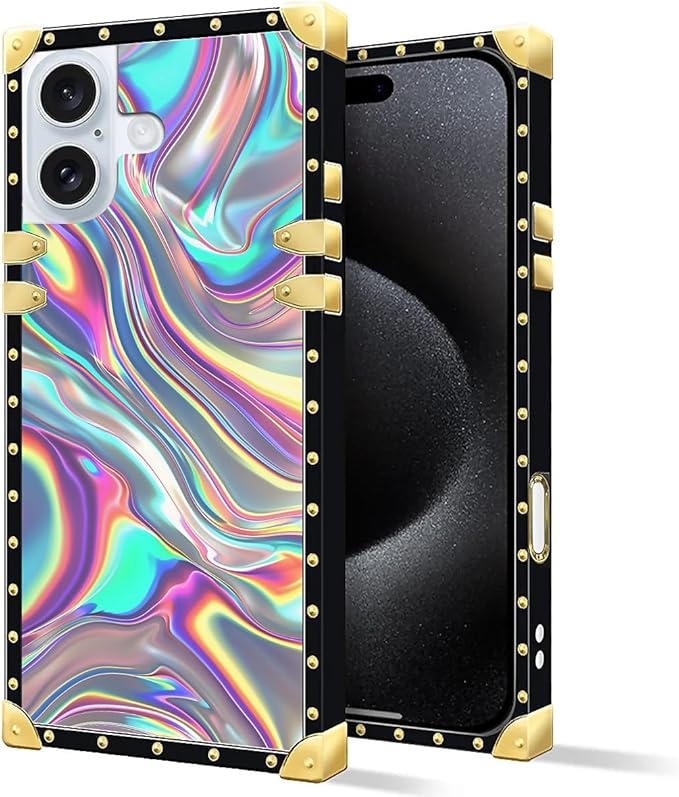Compatible with iPhone 16 Case, Holographic Abstract Iridescent Textures Luxury Golden Decoration for Girl Women Soft TPU Shockproof Protective Hard PC Back