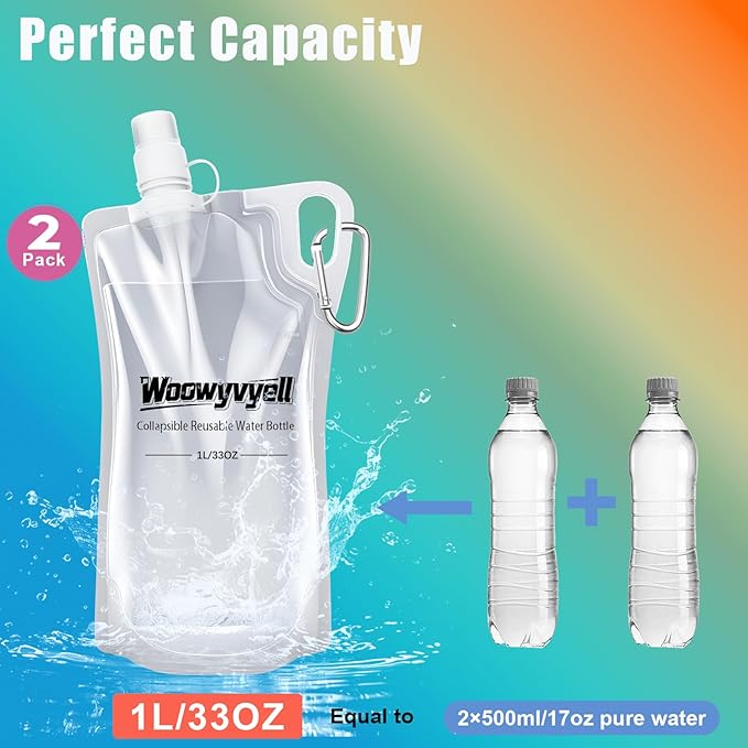 2-Pack 33oz (1L) Collapsible Water Bottles with Mountaineering Buckle, BPA-Free Foldable Travel Bottle for Camping Hiking Running Cycling Mountaineering - Compatible With All 28mm Thread Water Filter