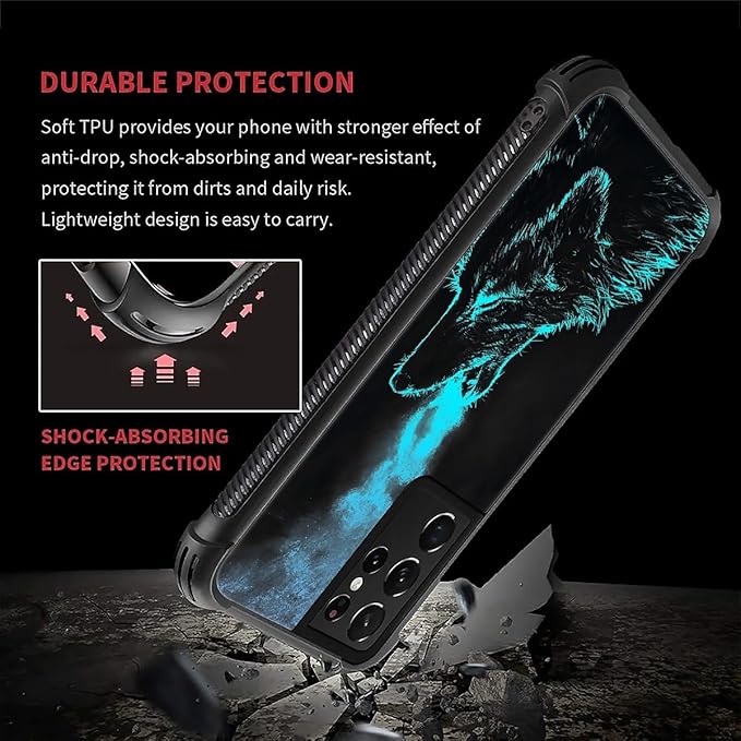 for Samsung Galaxy S21 Ultra Case, Blue Breathing Wolf Pattern Graphic Design Girl Boy Soft Silicone Hard Acrylic Shock Protection for Samsung Galaxy S21 Ultra