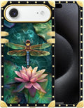 for iPhone 17 Air Case Luxury Golden Decoration for Girl Women Soft TPU Shockproof Protective Hard PC Back for iPhone 17 Air Crazy Pattern Colourful Dragonfly Pink Lily Pads