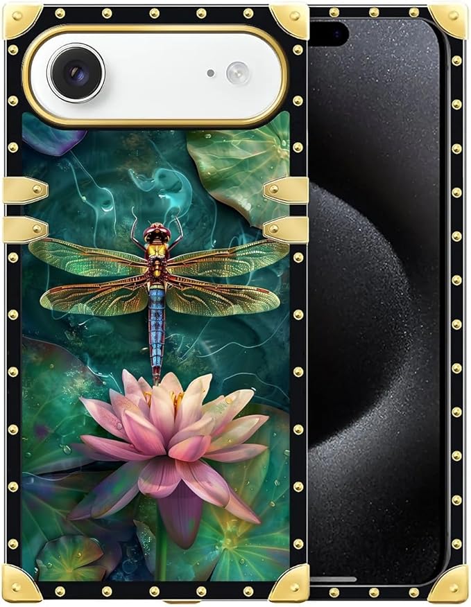 for iPhone 17 Air Case Luxury Golden Decoration for Girl Women Soft TPU Shockproof Protective Hard PC Back for iPhone 17 Air Crazy Pattern Colourful Dragonfly Pink Lily Pads