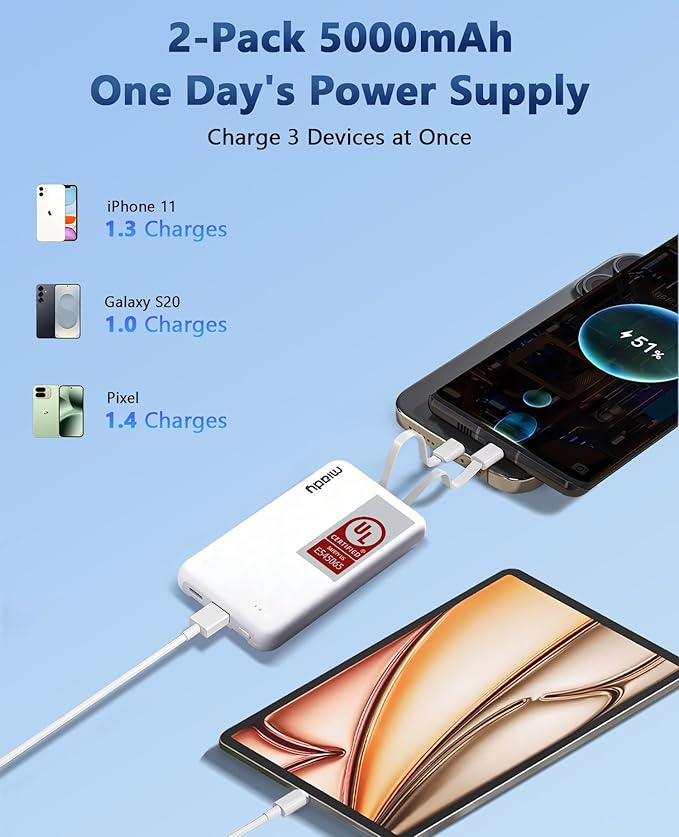Miady 2-Pack Small Portable Charger UL Listed, 5000mAh Slim Power Bank Built-in 2 Cables Lightweight Travel Battery Pack 3 Outputs 2 Inputs Compatible with iPhone 17/16/15/14/13 Galaxy S24/S22 etc