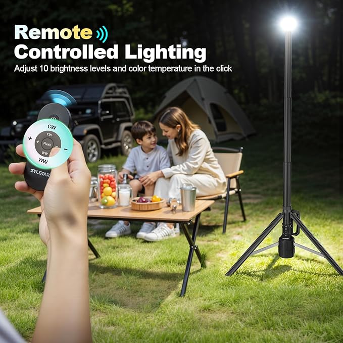 SYLSTAR 360° Rechargeable Work Light with Remote &Telescopic Stand (8.4Ft), 3000LM Ultra Bright, 8000mAh Battery, 3CCT Dimmable, Portable Camping Light for Jobsite Workshop Sports Emergencies(Black)