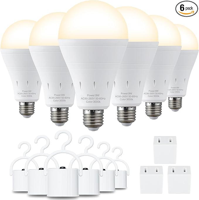 DEBAOBULB 6 Pack Rechargeable Emergency Light Bulbs, Battery Powered LED Light Bulb 3000K Warm E26 120 Volt 9W 60W Equivalent with 1200mAh for Home Power Outage Camping Hurricane