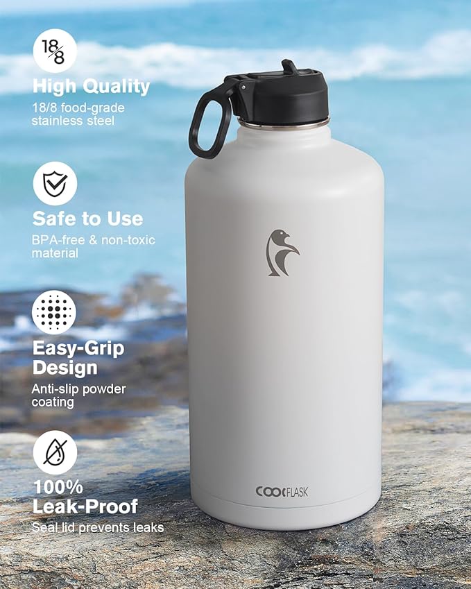 Coolflask 128 oz Gallon Water Bottle Insulated with Straw &3 Lids, Water Jug Large Stainless Steel Metal Vacuum Wide Mouth for Sports, Gym or Office, Non-BPA Keep Cold 48H Hot 24H, White