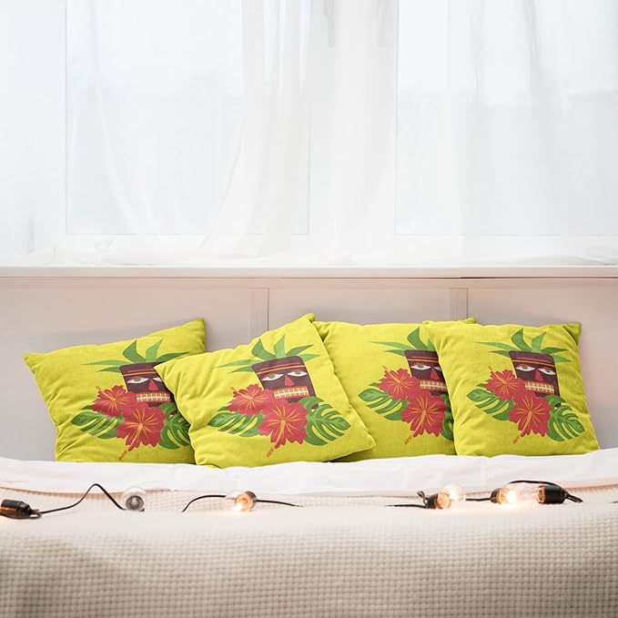 Ambesonne Luau Throw Pillow Cushion Case Pack of 4, Vibrant Composition of a Tiki Exotic Summer Hibiscus and Palm Leaves, Modern Accent Double-Sided Digital Printing, 18", Yellow Multicolor