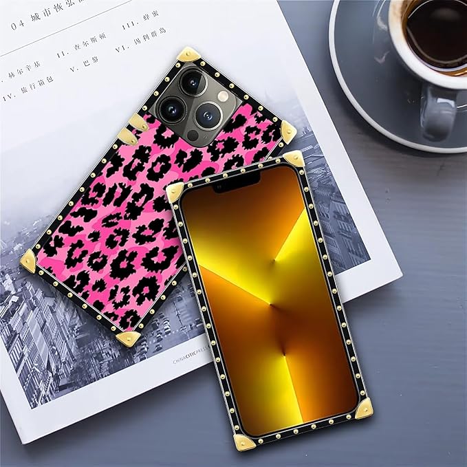 Compatible with iPhone 13 Pro Case, Pink Black Leopard Luxury Golden Decoration for Girl Women Soft TPU Shockproof Protective Hard PC Back for iPhone 13 Pro